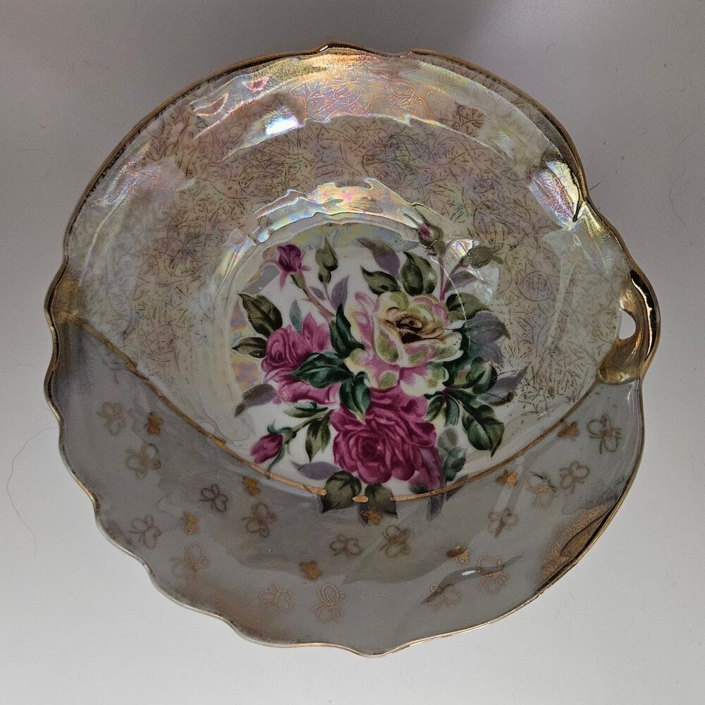Vintage Iridescent Floral Porcelain Berry Bowl Dish Gold Trim 7.25"